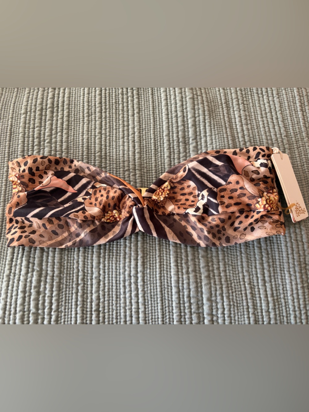 Agua Bendita Leopard Stripe Knotted Bandeau Bikini Top in Brown and Black NWT